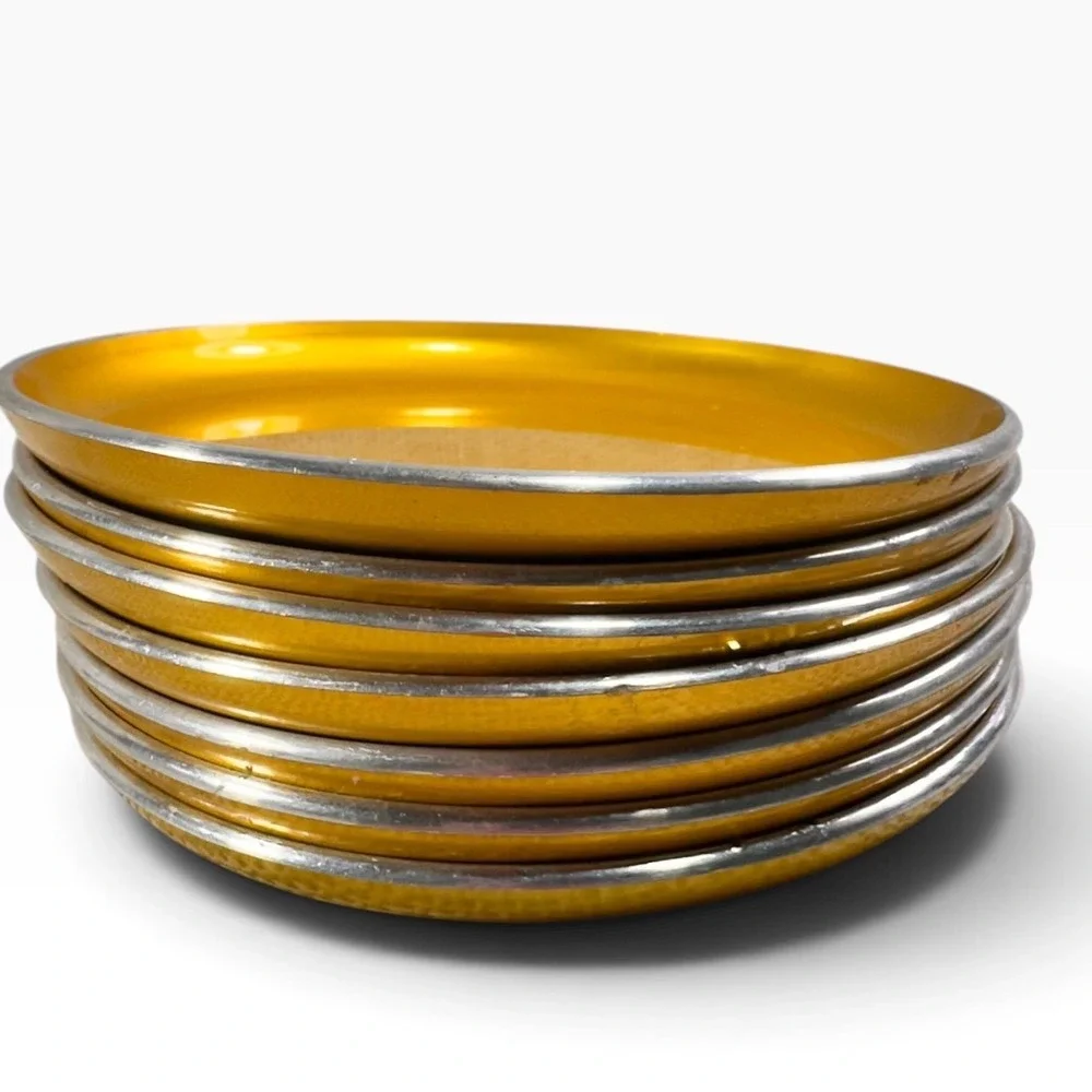 Vintage Emalox Norway Yellow Gold Anodized Aluminum Coasters Set of 7 MCM 4in